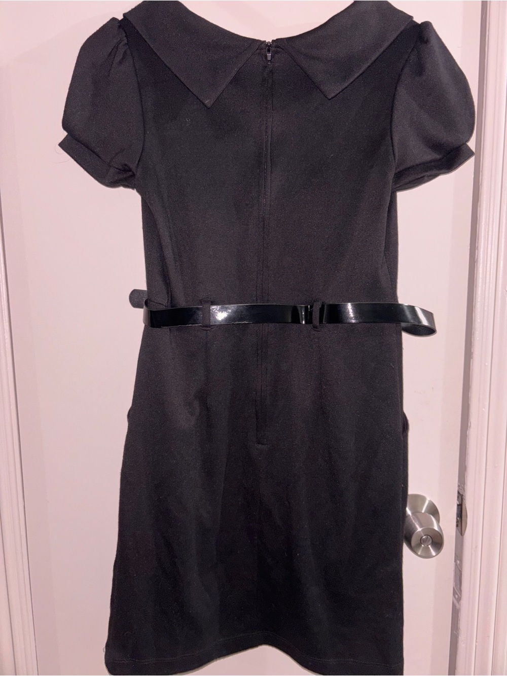 a'gaci Black Short Puff-Sleeve Dress with Patent Belt - A’Gavi